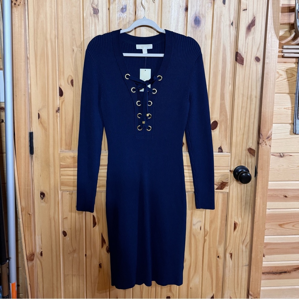 Ribbed Navy Blue Long Sleeve Dress MICHAEL Michael Kors